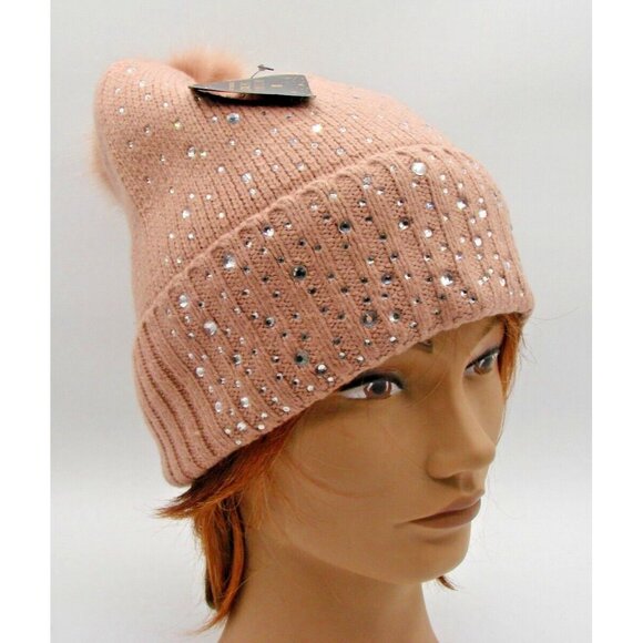 NEW Victorias Secret Rhinestone Embellished Pom Pom Hat Beanie Sparkle OS Blush - Picture 9 of 10